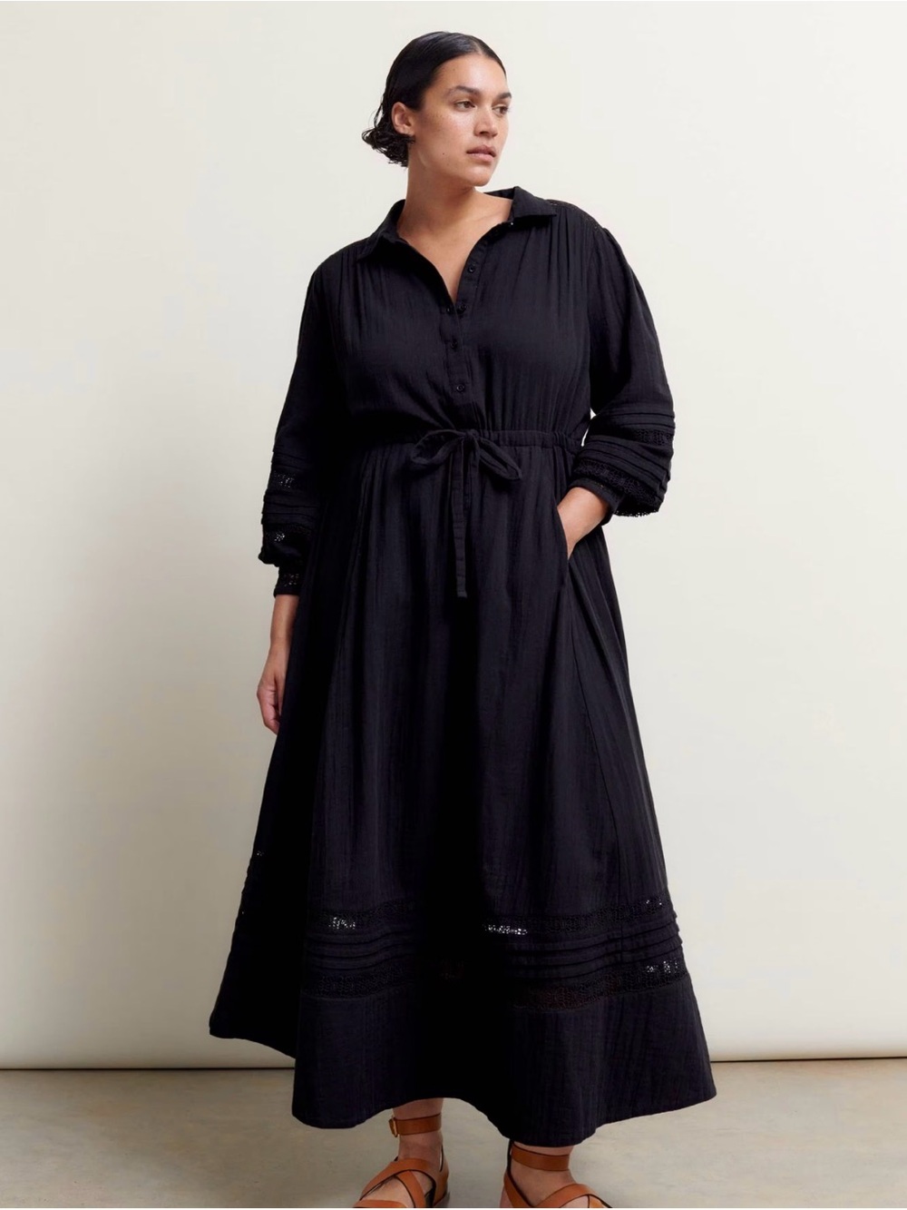 ME+EM Black 100% Cotton Cheesecloth Maxi Dress Tiered Lattice Lace Trim Size 4